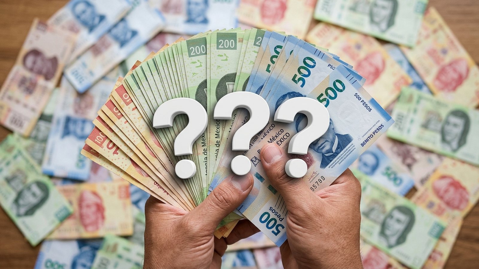 Manos con billetes mexicanos y signos de interrogación