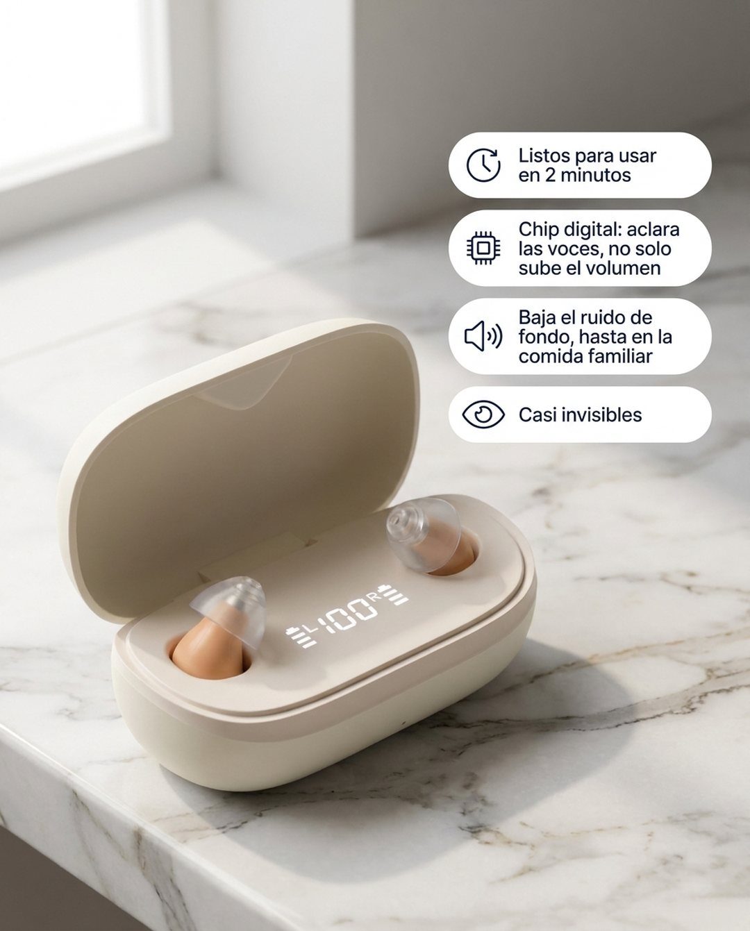 Audífonos Vivelia NítidoSound™ en su estuche con sus 4 beneficios