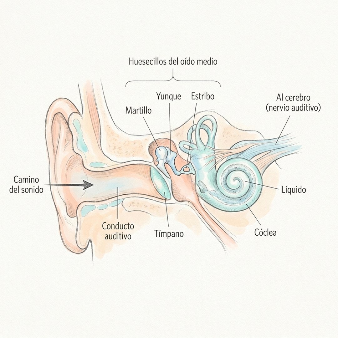 Ilustración del oído con el camino del sonido