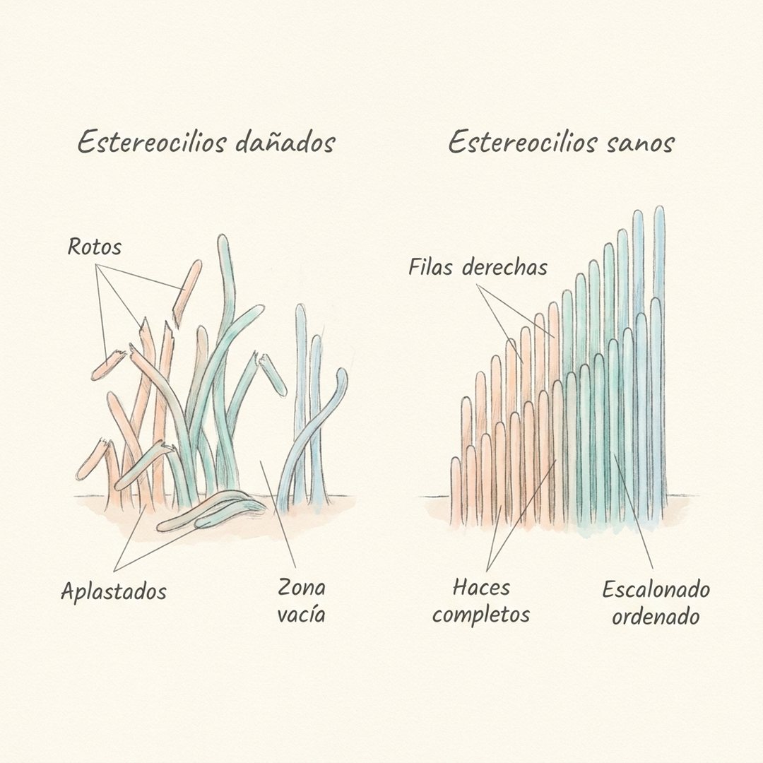 Estereocilios dañados y sanos
