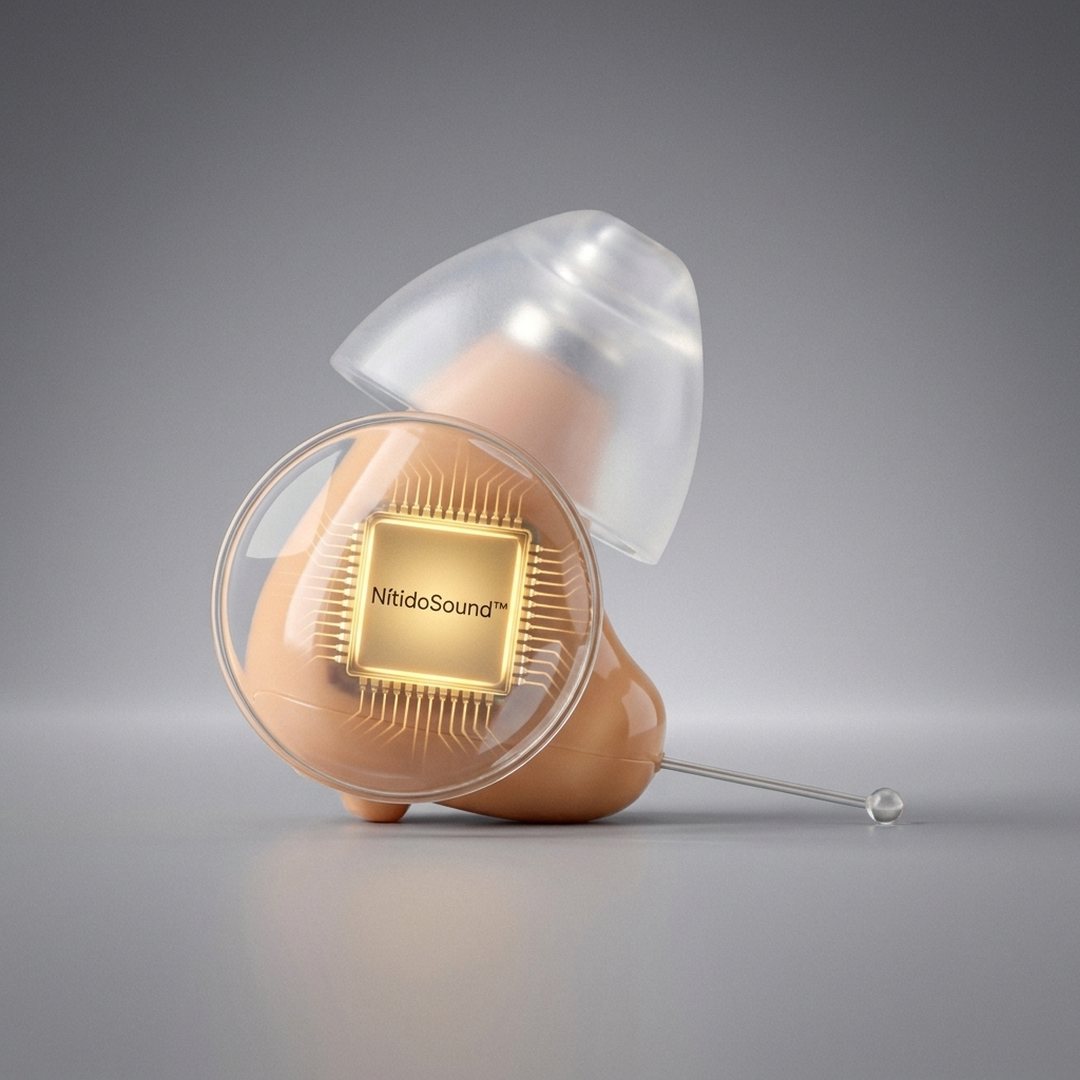 Audífono Vivelia con lupa sobre el chip NítidoSound™