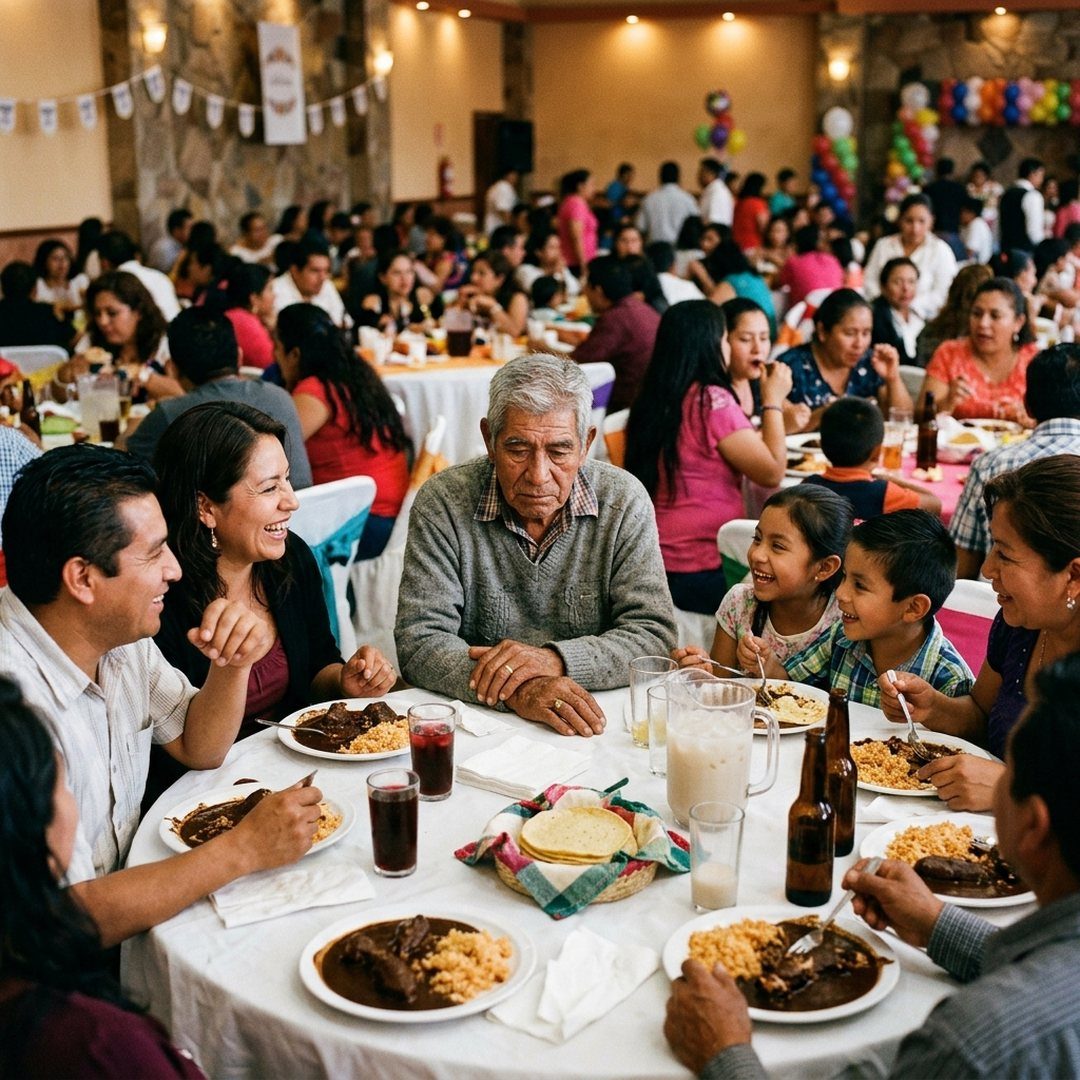 Abuelo aislado en una comida familiar en un salón de fiestas