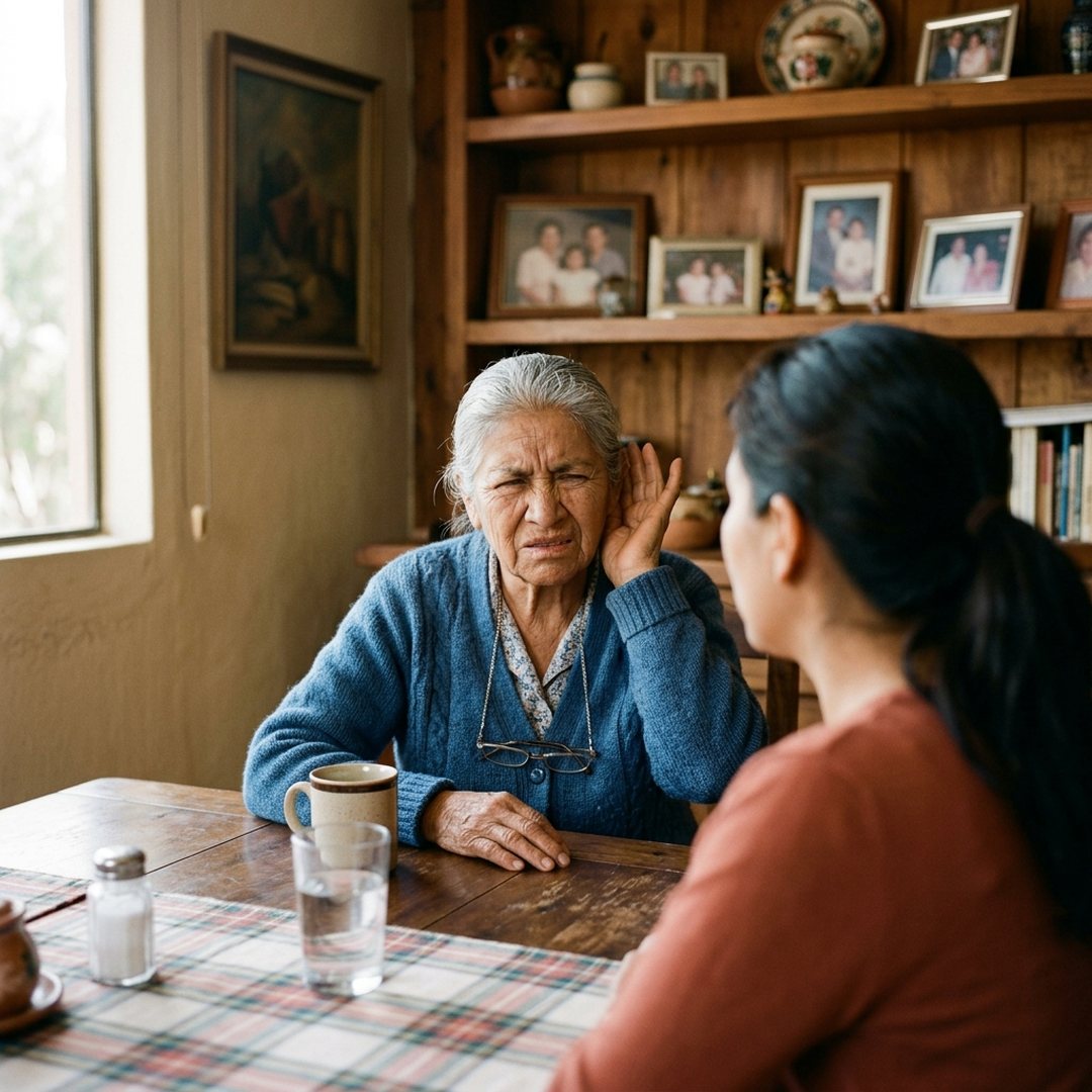Señora que se esfuerza por oír a su hija en el comedor