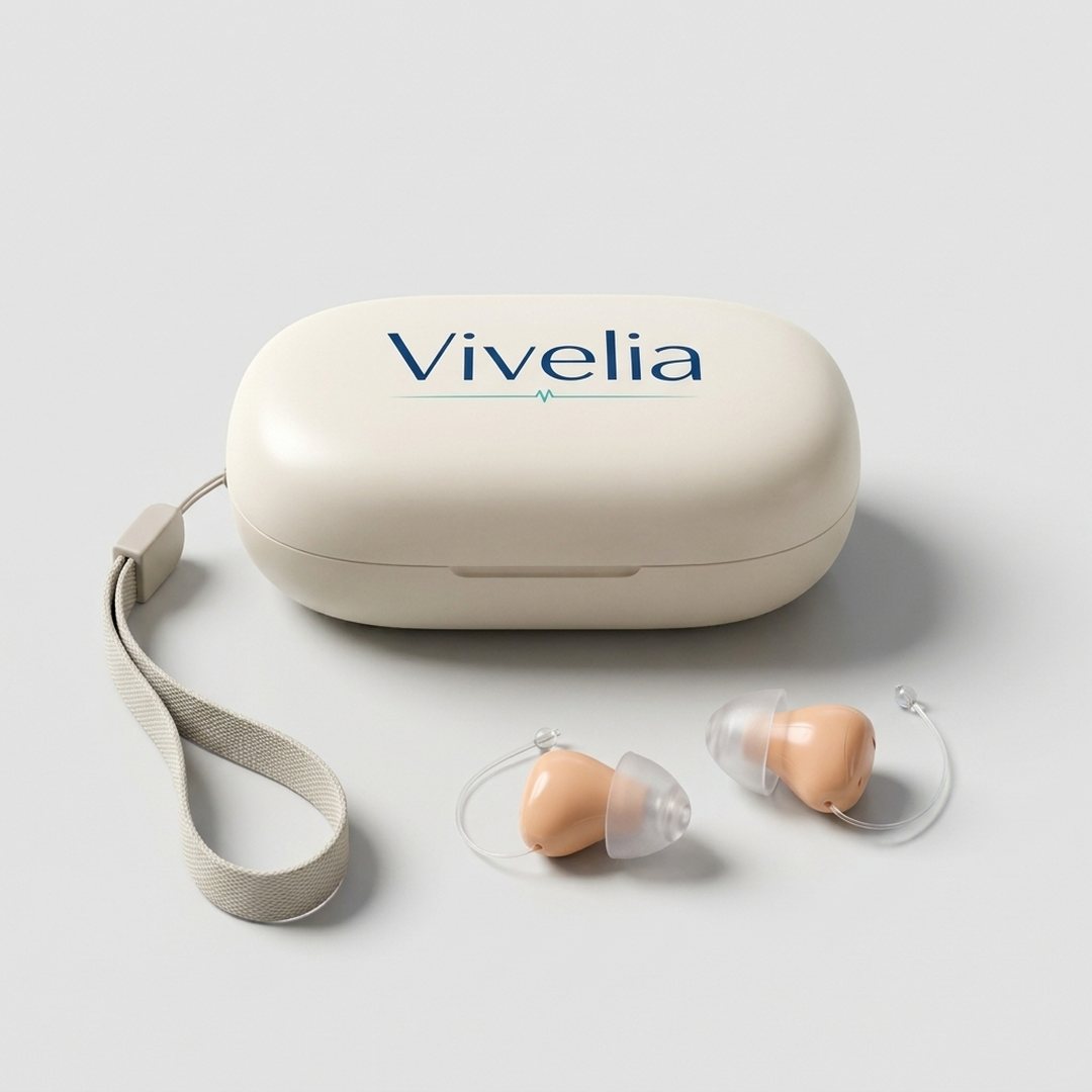 Estuche Vivelia cerrado con los dos audífonos delante